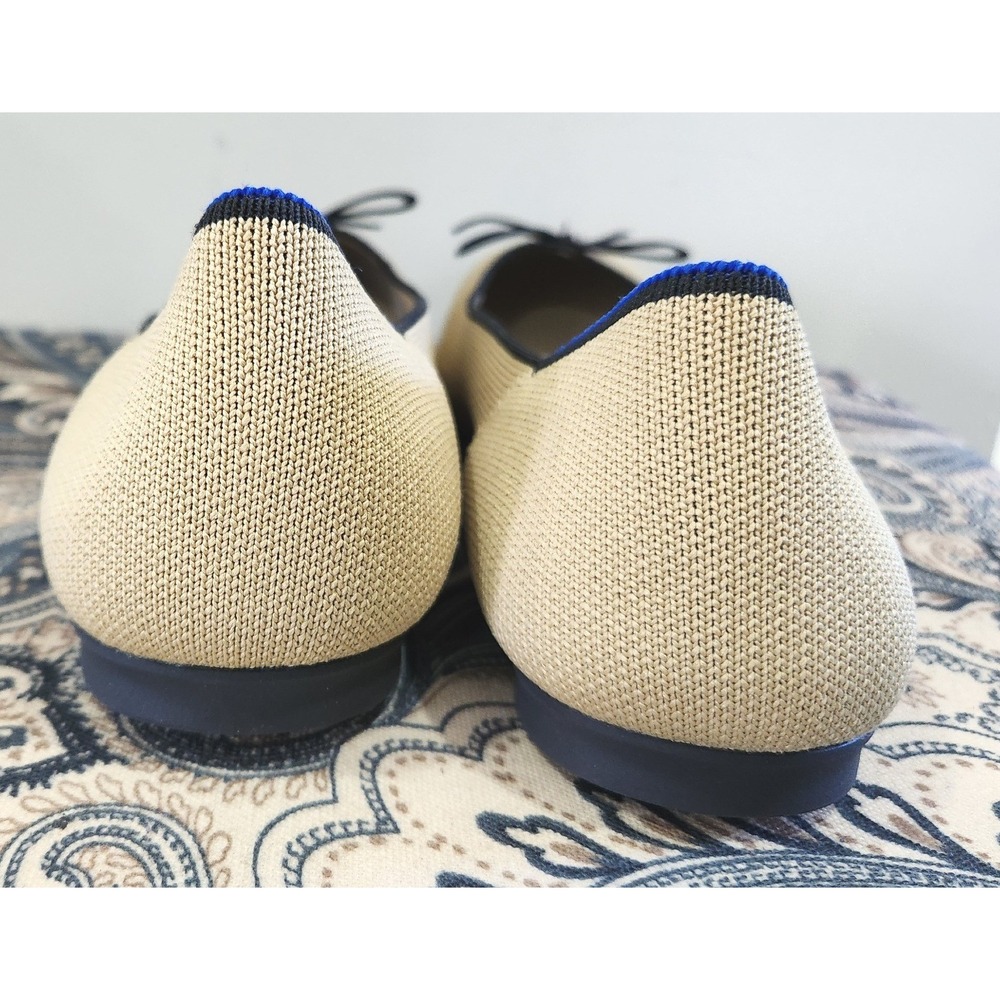 Rothys The Bow Flat Fawn Tan Navy Blue Trim Sustainable Washable Shoes W10 - Picture 2 of 9
